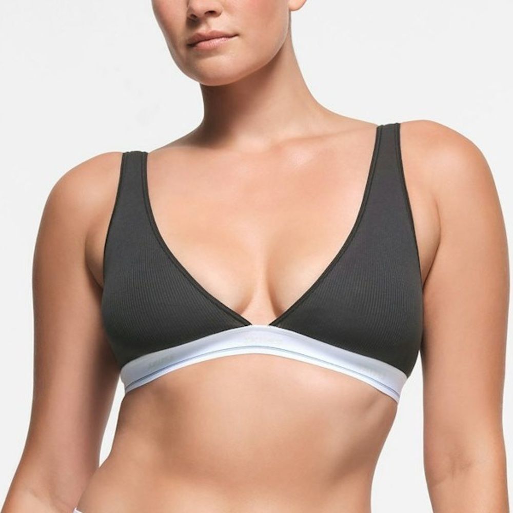 NWT SKIMS Cotton Rib Plunge Bralette Size 4X Sport Stripe Black White Logo Band - Picture 12 of 12